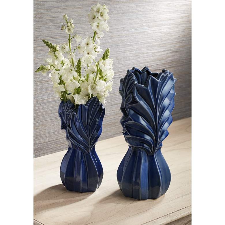 Leaf Dark Blue Modern Ceramic Jar Vases - Set of 2 - Image 0