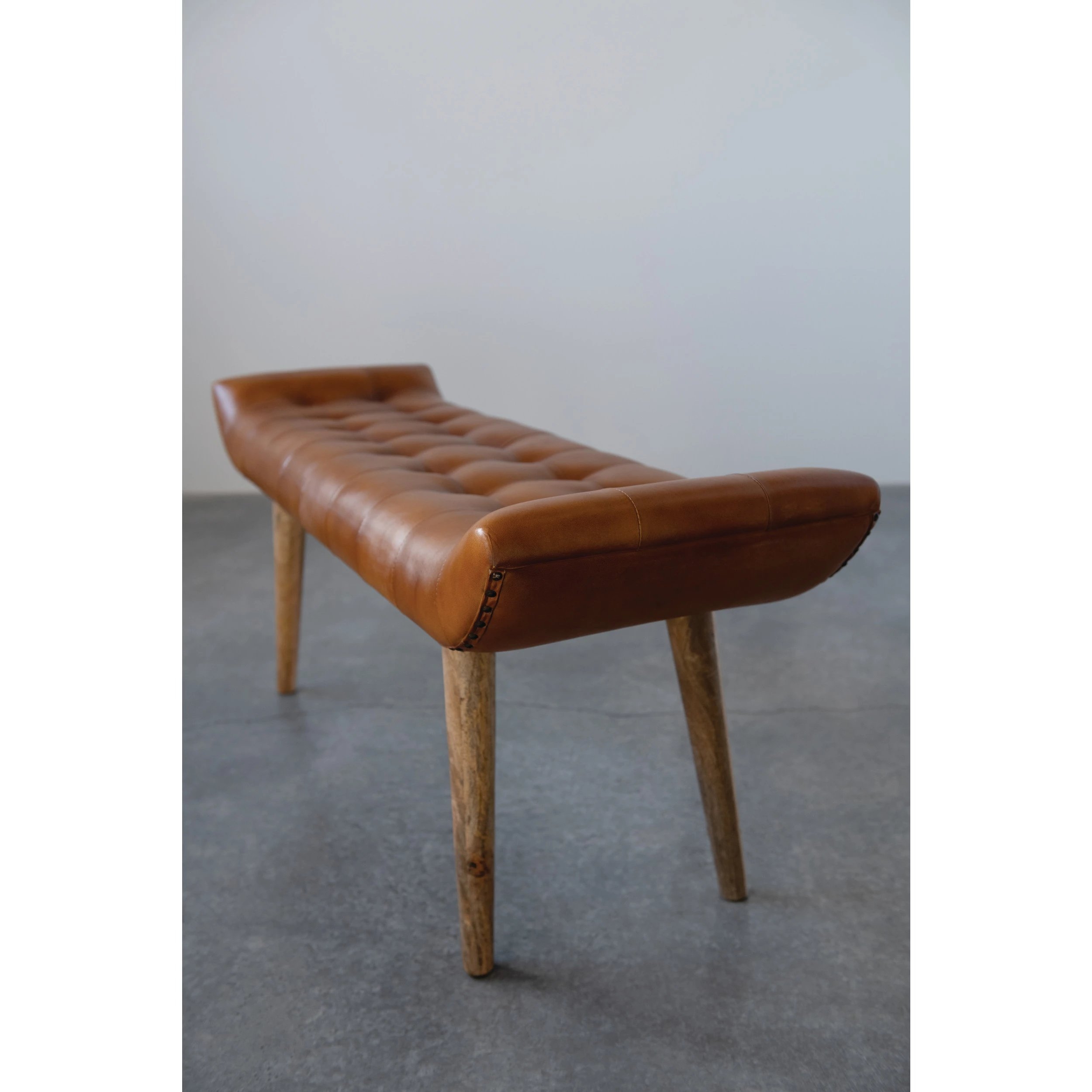 Leather Tufted Bench with Mango Wood Legs - Image 2
