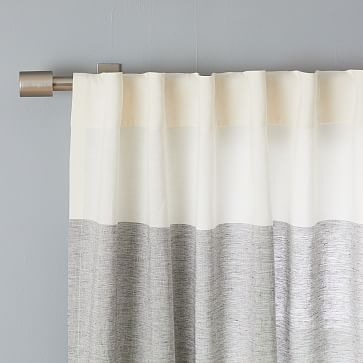 Belgian Flax Linen Contrast Stripe Curtain, Stone White/Slate, 48"x96" - Image 2