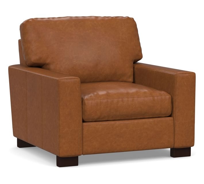 Turner Square Arm Leather Small Armchair 37", Down Blend Wrapped Cushions, Statesville Caramel - Image 0