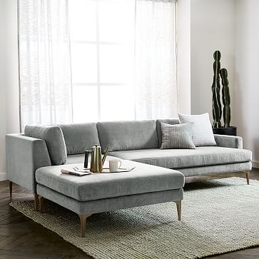 Andes Sectional Set 01: Left Arm 2.5 Seater Sofa, Corner, Ottoman, Poly, Distressed Velvet, Mineral Gray, Blackened Brass - Image 1