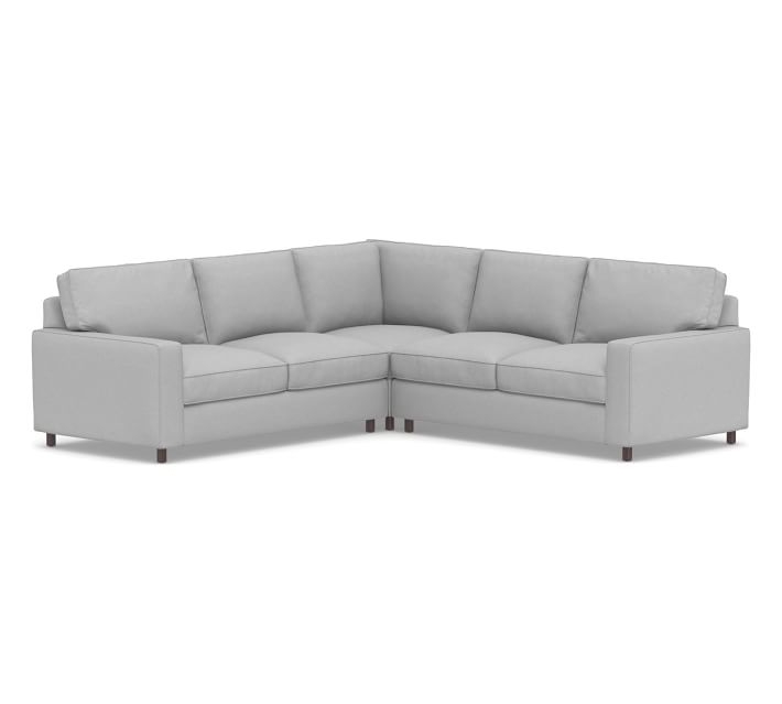 PB Comfort Square Arm Upholstered 3-Piece L-Shaped Corner Sectional, Box Edge, Down Blend Wrapped Cushions, Brushed Crossweave Light Gray - Image 0