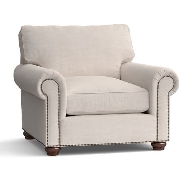 Webster Roll Arm Upholstered Armchair with Bronze Nailheads, Down Blend Wrapped Cushions, Performance Heathered Tweed Pebble - Image 1