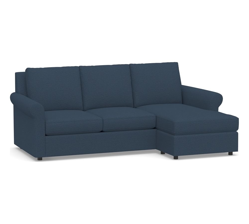 Sanford Roll Arm Upholstered Sofa with Reversible Storage Chaise Sectional, Polyester Wrapped Cushions, Performance Heathered Basketweave Navy - Image 0