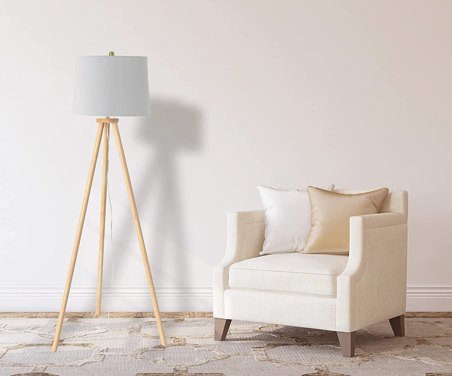 A-Frame Tripod Rubber Wood Floor Lamp with Cream Linen Shade, Natural - Image 2