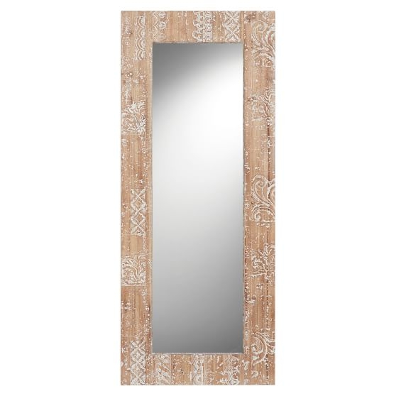 Carved Wood Floor Leaning Mirror Washed White Wood - Image 0
