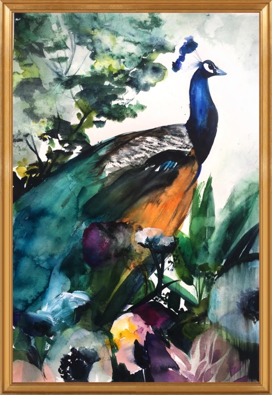 Peacock Garden - 28" x 40" - Gold Crackle Bead Wood Frame - With mat - Image 0