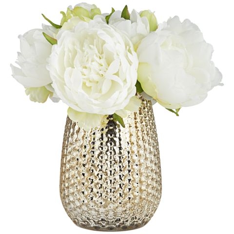 White Peony 8"H Faux Flowers in a Mercury Glass Vase - Image 0