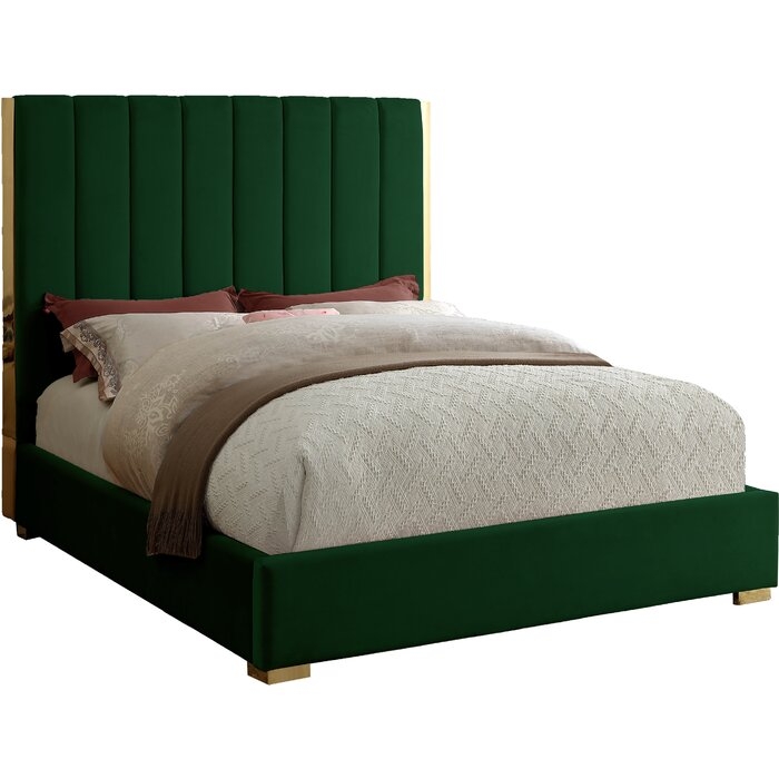 Aeliana Velvet Upholstered Platform Bed, Green, Queen - Image 1