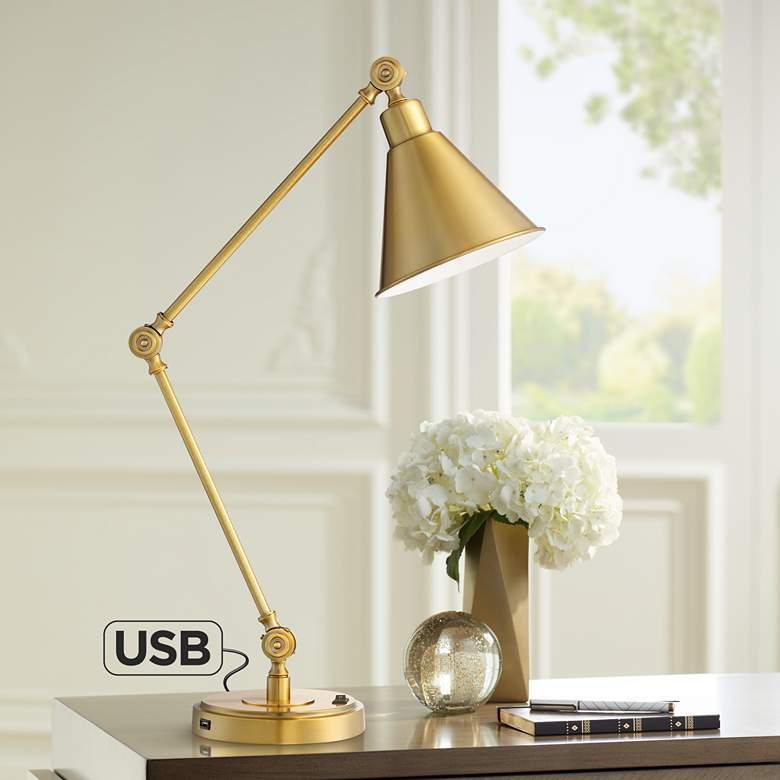 360 Lighting Wray Adjustable Height Warm Antique Gold Modern USB Desk Lamp - Image 1