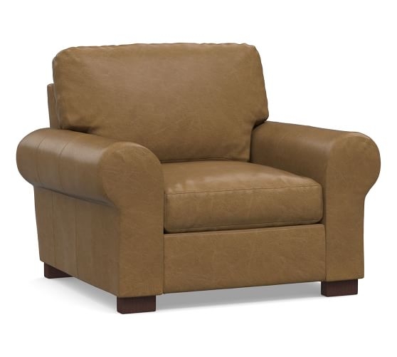 Turner Roll Arm Leather Small Armchair 42", Down Blend Wrapped Cushions, Statesville Toffee - Image 0