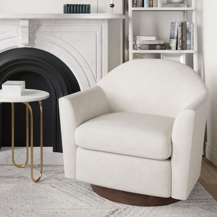 Haven Swivel Chair, Poly, Yarn Dyed Linen Weave, Stone White, Dark Walnut - Image 6