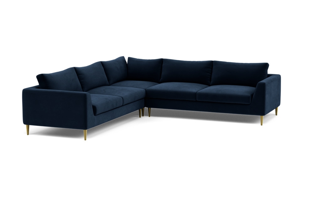 Custom ASHER Corner Sectional Sofa in Navy Performance Velvet (Kid & Pet Friendly) with Brass Plated Tapered Round Metal Legs - 94" - Image 0