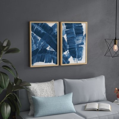 'Blue Banana Leaves' Diptych Watercolor Painting Print - Image 1