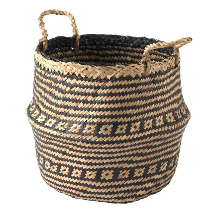 Madeterra Small Seagrass Belly Basket With Handles | Woven Straw Baskets For Laundry, Storage, Picnic, Plant Pot, Planter, Grocery And Beach Bag 30X28cm (Black Brocade, 1) - Image 0