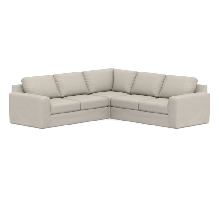 Big Sur Square Arm Slipcovered 3-Piece L-Shaped Corner Sectional with Bench Cushion, Down Blend Wrapped Cushions, Performance Heathered Tweed Pebble - Image 0