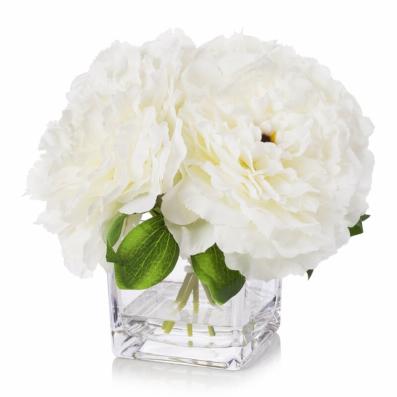 Silk Peonies Floral Arrangements in Vase - Cream - Image 0