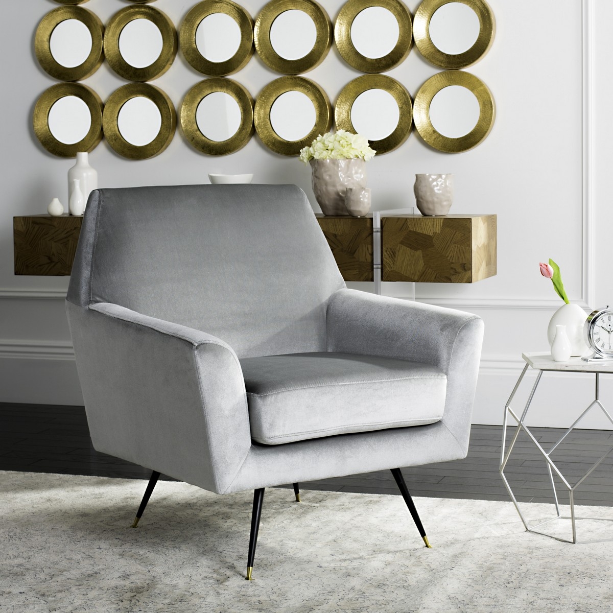 Nynette Velvet Retro Mid Century Accent Chair -  Light Grey - Arlo Home - Image 1