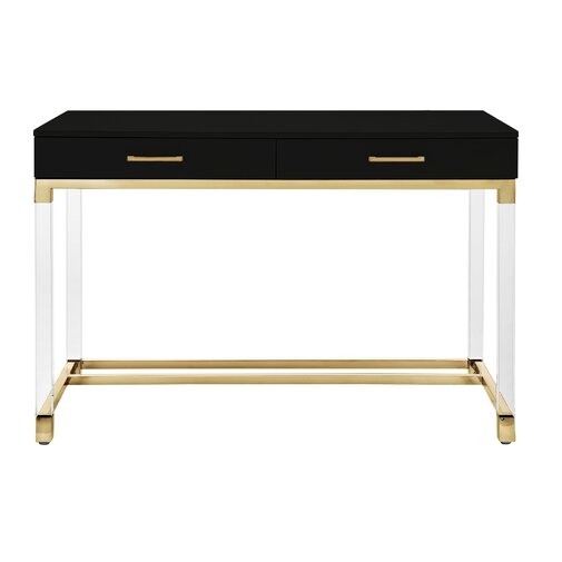 Inspired Home Joycelyn High Gloss 2 Drawers Writing Desk with Acrylic Legs and Gold Stainless Steel Base, Black/Gold - Image 0
