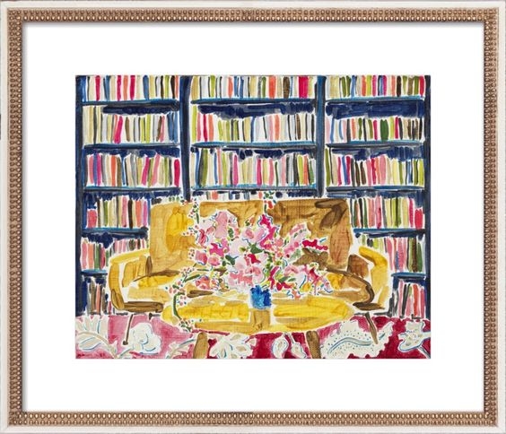 Library with Flowers, framed art print, with mat 28 x 24" - Image 0