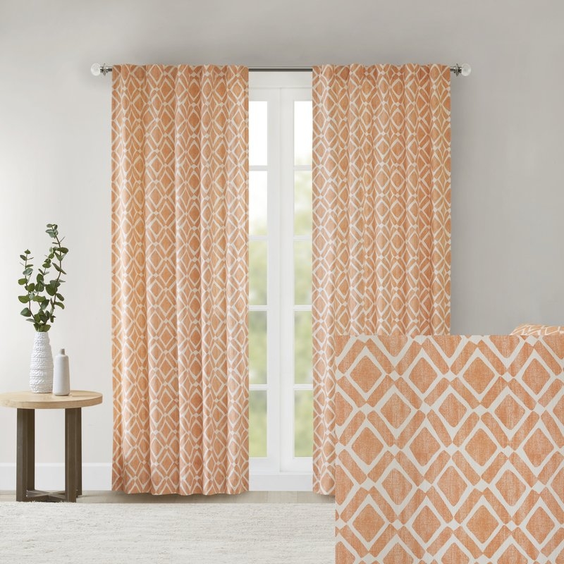 Meka Geometric Semi-Sheer Rod Pocket Single Curtain Panel, Orange - Image 2