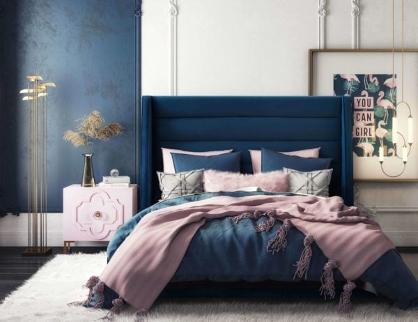 Alana NAVY VELVET BED IN KING - Image 0