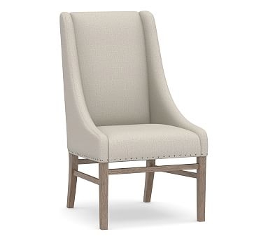 Milan Slope Arm Upholstered Dining Side Chair, Gray Wash Leg, Performance Heathered Tweed Pebble - Image 0