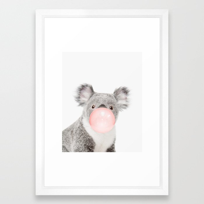 Koala, Bubble gum, Pink, Animal, Nursery, Minimal, Trendy decor, Interior, Wall art Framed Art Print 15" x 21" - Vector White - Image 0