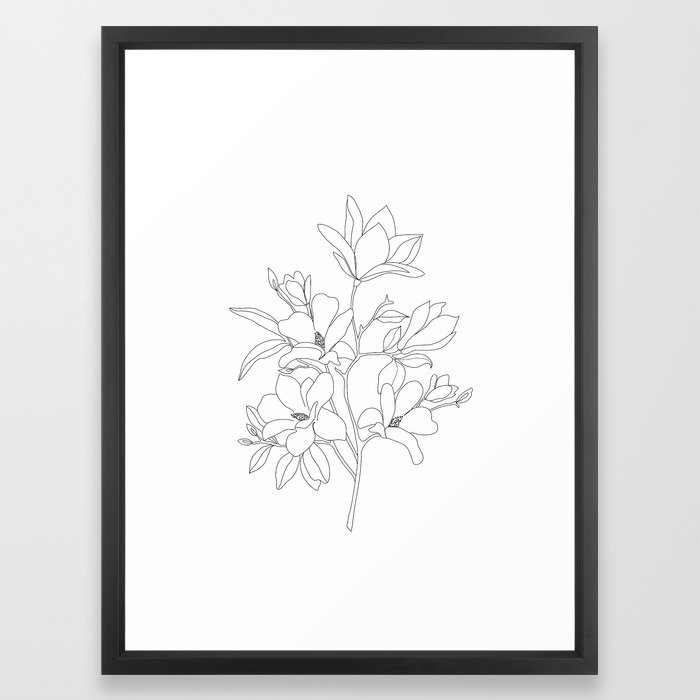 Minimal Line Art Magnolia Flowers Framed Art Print, Medium Gallery with Vector Black Frame - Image 0