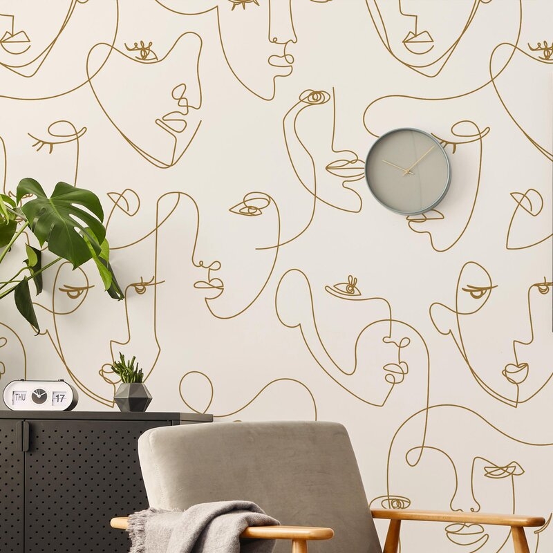 Charnley Minimalist Face Line Textured Pell and Stick Wallpaper Tile / Gold - Image 1
