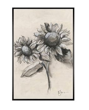 Charcoal Sunflower Sketch, Sunflower with Stem, 11" x 13" Wood Gallery, Black, Mat - Image 0