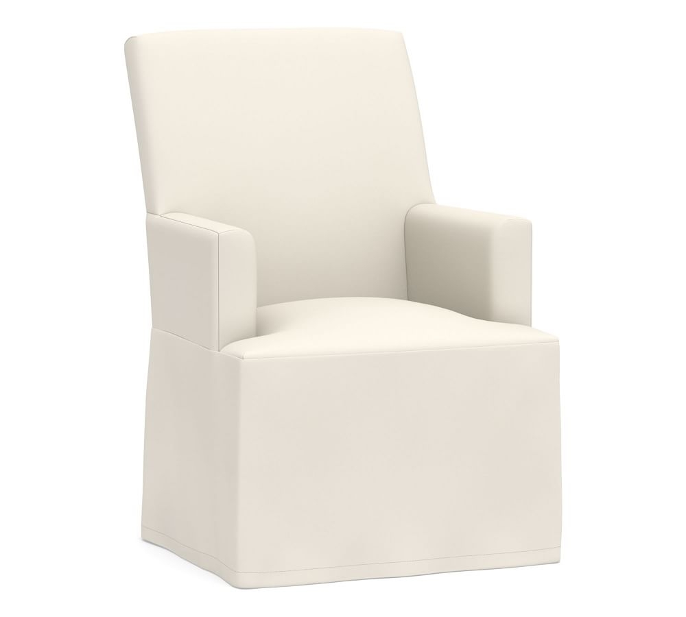 PB Comfort Square Arm Dining Long Slipcovered Armchair, Performance Twill Warm White - Image 0