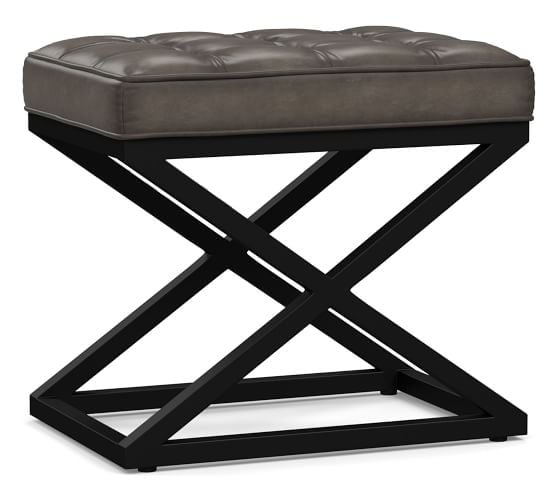 Kirkham Tufted Leather Stool, Rustic Brown Base, Burnished Wolf Gray - Image 0