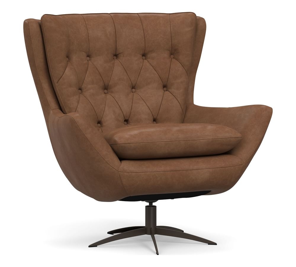 Wells Leather Swivel Armchair with Bronze Base, Polyester Wrapped Cushions, Statesville Toffee - Image 0