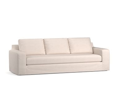 Big Sur Square Arm Slipcovered Grand Sofa 105" with Bench Cushion, Down Blend Wrapped Cushions, Performance Brushed Basketweave Ivory - Image 0