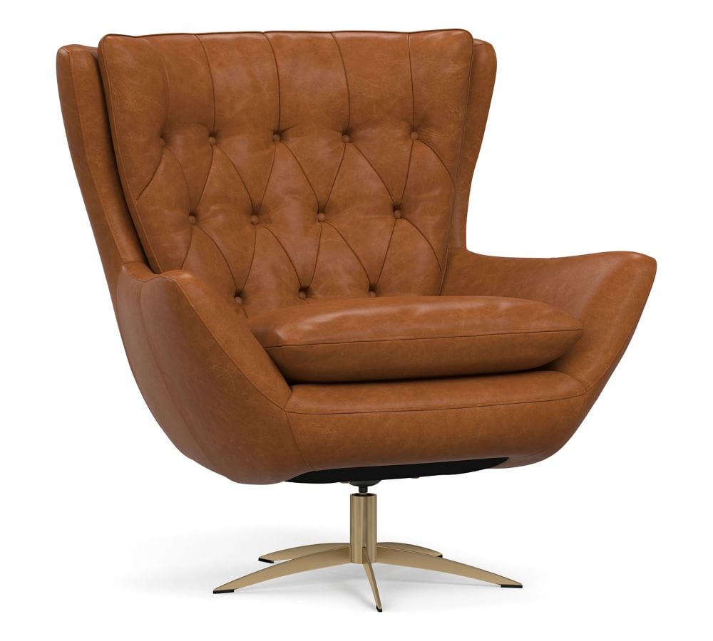 Wells Leather Swivel Armchair with Brass Base, Polyester Wrapped Cushions, Statesville Caramel - Image 0