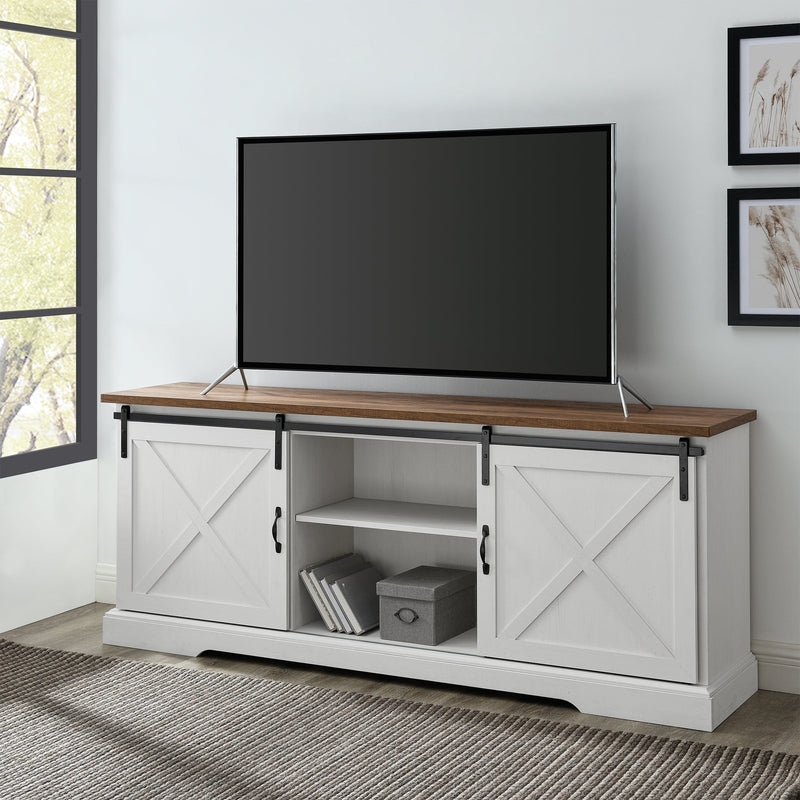 70" Sliding Barn Door TV Console - Rustic Oak/Brushed White - Image 1