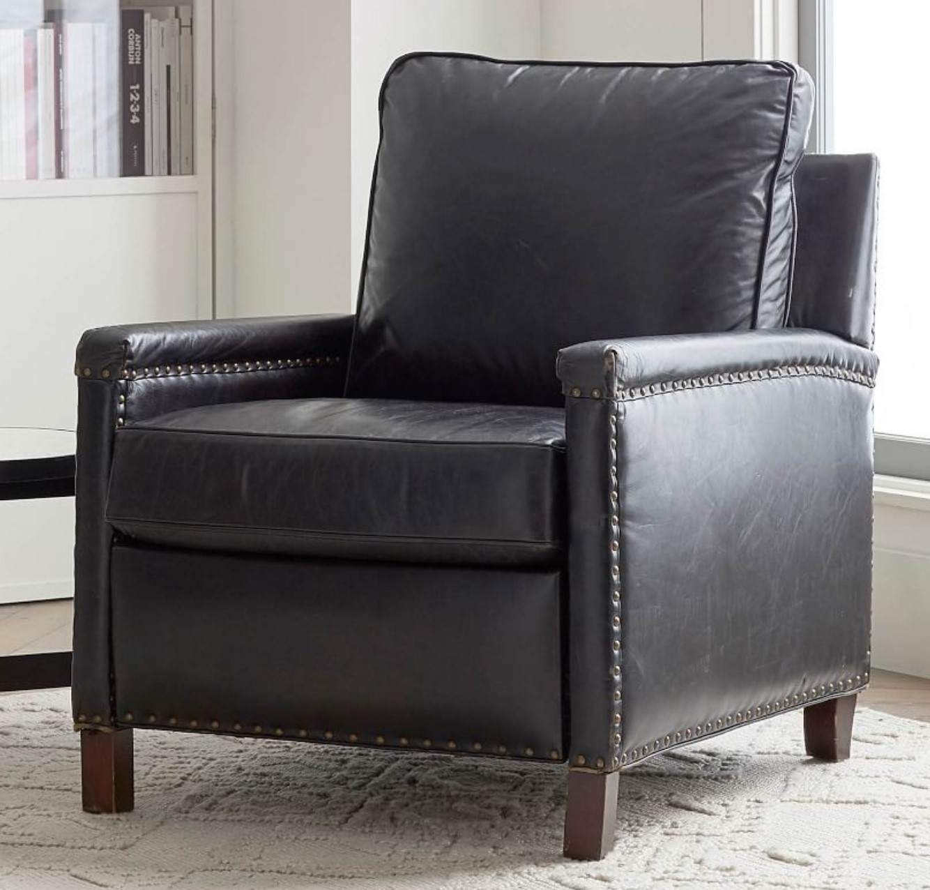 Tyler Leather Square Arm Recliner With Nailheads - Image 0