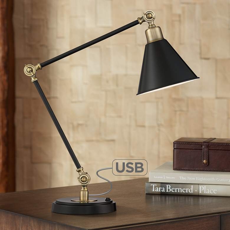 Wray Black Antique Brass Adjustable Desk Lamp with USB Port - Image 3