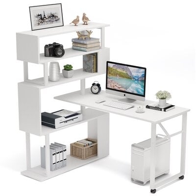 Rotating Computer Desk With 5 Shelves Bookshelf, Modern L-Shaped Corner Desk With Storage, Reversible Office Desk - Image 0