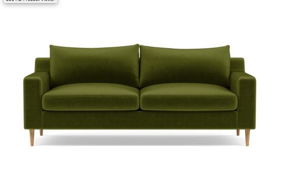 Sloan Sofa with Green Moss Fabric, down alternative cushions, and Natural Oak tapered round legs - Image 0