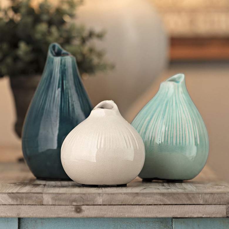 Stein Blue and Ivory Ceramic Decorative Vases Set of 3 - Image 1