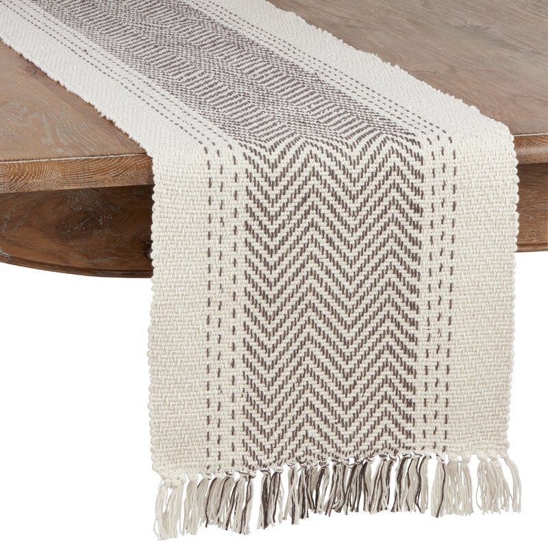Gray/Ivory Eklund Kantha Stitch Cotton Table Runner - Image 0