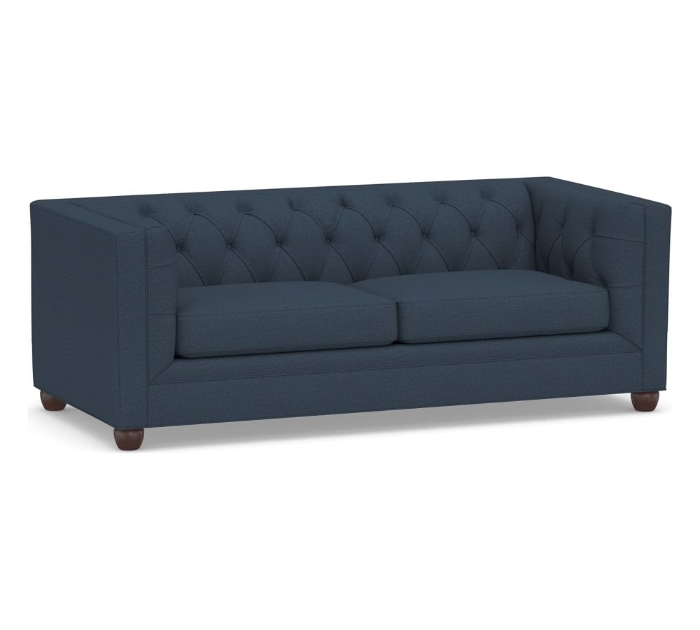 Chesterfield Square Arm Upholstered Sofa 83.5", Polyester Wrapped Cushions, Brushed Crossweave Navy - Image 0