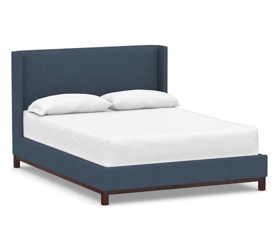 Jake Upholstered Bed with Mahogany Frame, Queen, Performance Heathered Tweed Indigo - Image 0