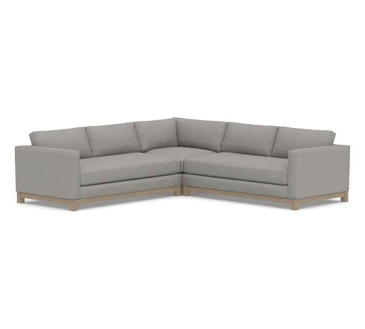 Jake Upholstered 3-Piece L-Shaped Corner Sectional 2x1, Bench Cushion, with Wood Legs, Polyester Wrapped Cushions, Performance Heathered Basketweave Platinum - Image 0