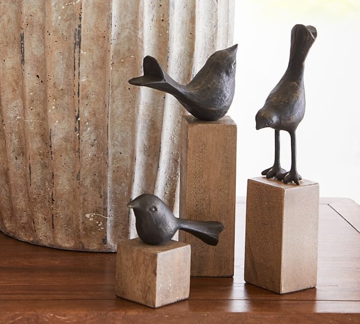 Decorative Birds on Wooden Stand, Bronze, Set of 3 - Image 3