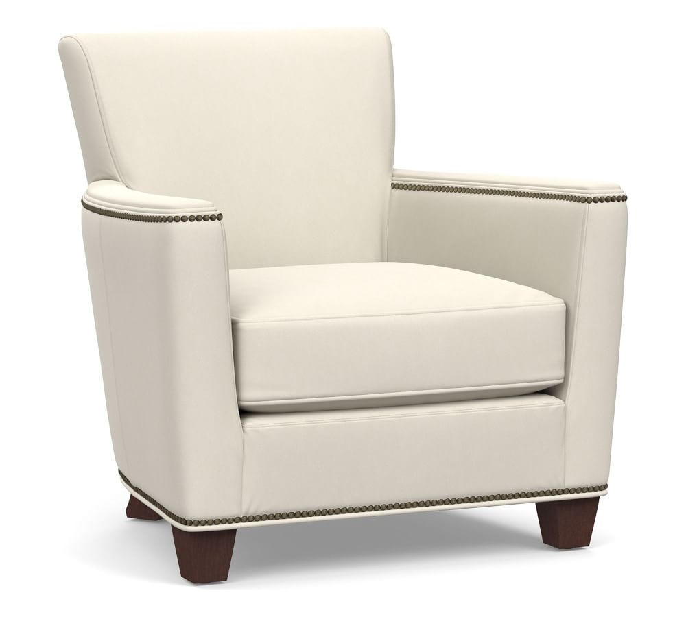 Irving Square Arm Leather Armchair with Nailheads, Polyester Wrapped Cushions, Signature Chalk - Image 0
