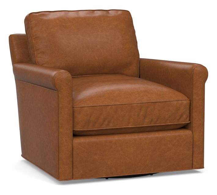 Tyler Roll Arm Leather Swivel Armchair without Nailheads, Down Blend Wrapped Cushions, Statesville Caramel - Image 0