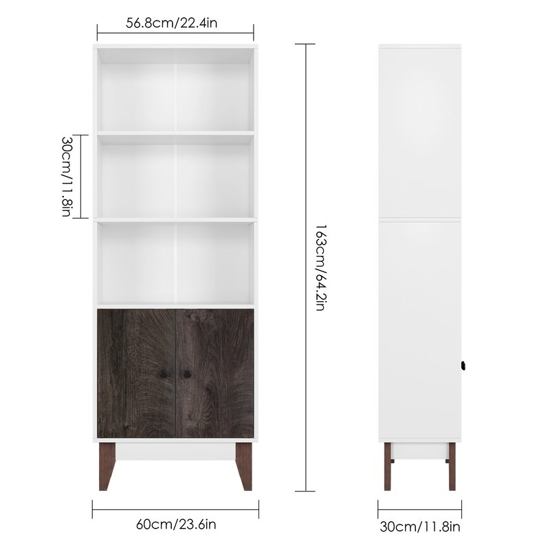 4 Tier Bookcase Storage Cabinet, 64.2 In Height Wooden Bookshelf With 2 Doors And 3 Shelves, Free Standing Floor Side Display Cabinet Decor Furniture For Home Office, White And Wood Grain - Image 3